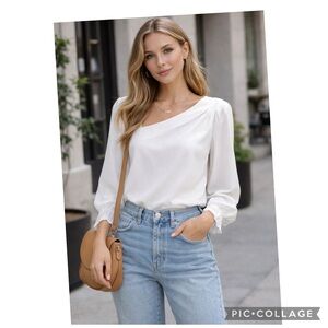 NEW EVALESS WHITE ASYMMETRICAL COLLAR SMOCKED SLEEVE BLOUSE